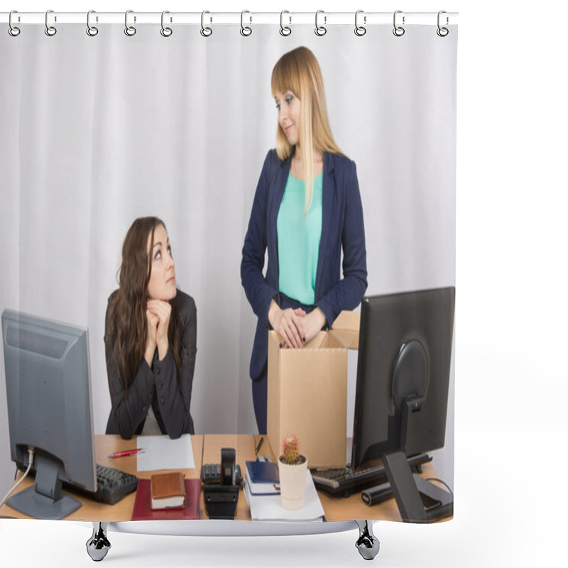 Personality  The Girl In The Office Is Facing The Box With Things And Looking At The Colleague Sitting Next Shower Curtains