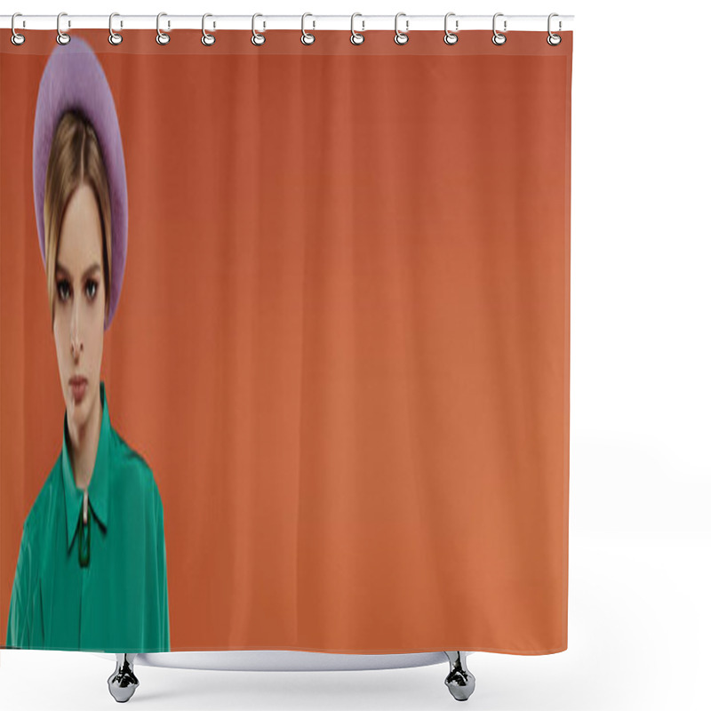 Personality  A Young Woman In A Stylish Green Shirt And Purple Beret Stands Against A Terracotta Background. Shower Curtains