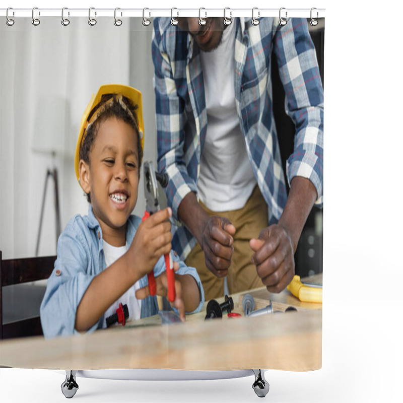 Personality  African-american Father And Son Doing Renovation Shower Curtains