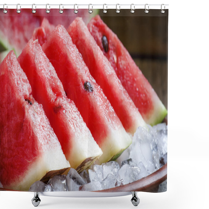 Personality  Watermelon Slices With Ice On A Clay Plate Shower Curtains