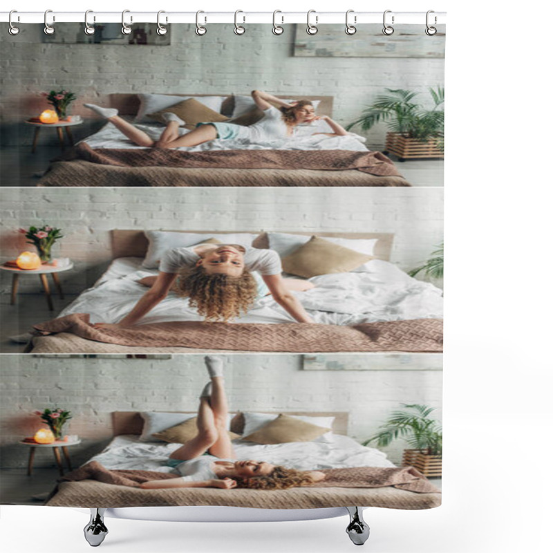 Personality  Collage With Cheerful Girl In Cozy Bedroom With Himalayan Salt Lamp Shower Curtains