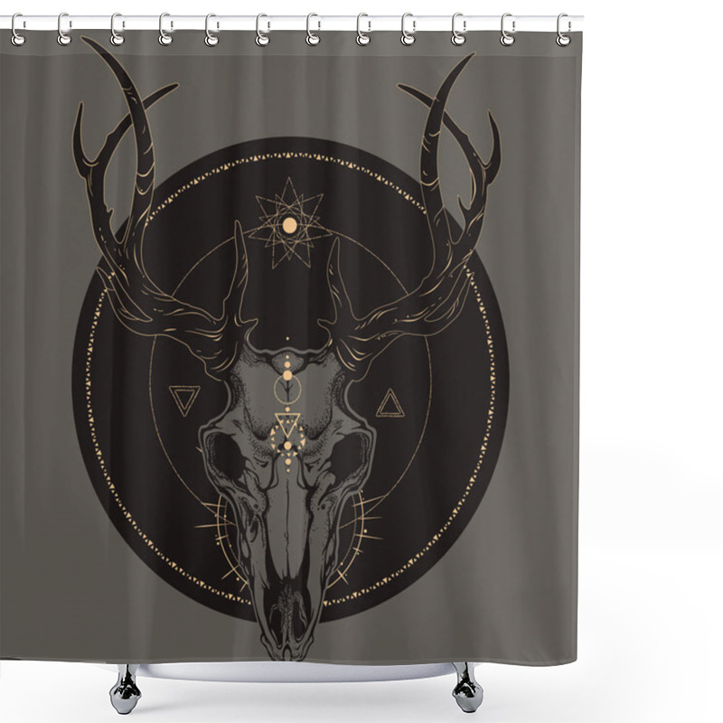 Personality  Sparkling Golden Deer Skull With Alchemical Symbols Shower Curtains