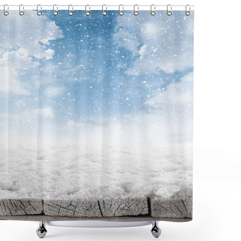 Personality  Empty Winter Background Of Wooden Table And Sky With Falling Sno Shower Curtains