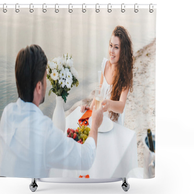 Personality  Young Couple Clinking With Champagne Glasses During Romantic Date On Beach Shower Curtains