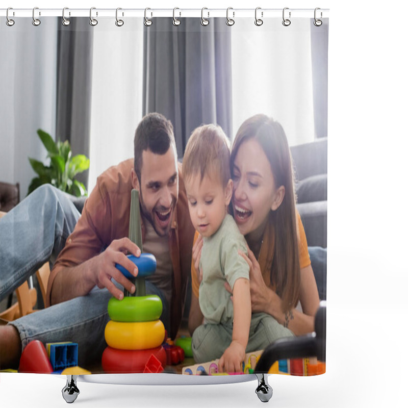 Personality  Happy Parents Hugging Son Near Toys In Living Room  Shower Curtains