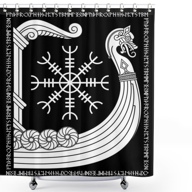 Personality  Warship Of The Vikings. Drakkar, Ancient Scandinavian Pattern And Norse Runes, Isolated On Black, Vector Illustration Shower Curtains