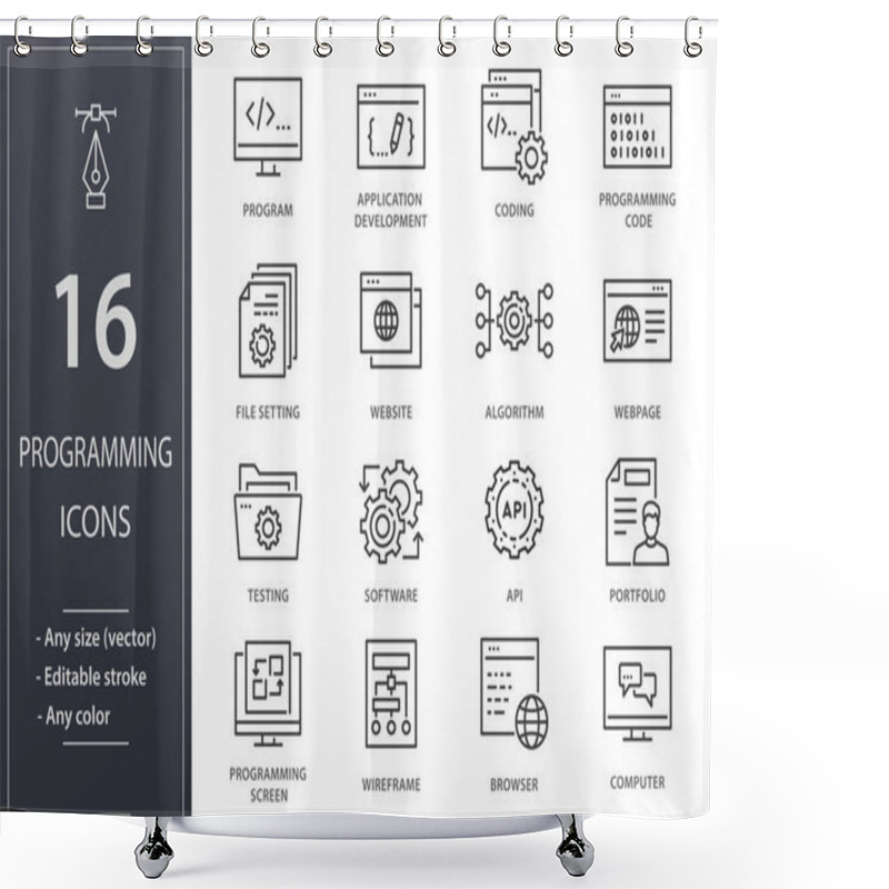 Personality  Programming Line Icons. Set Of Software, Coding, Website, API And More. Editable Stroke. Shower Curtains