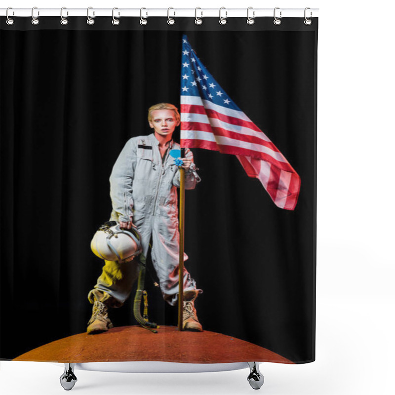 Personality  Attractive Female Astronaut In Spacesuit Holding Helmet And American Flag On Planet  Shower Curtains