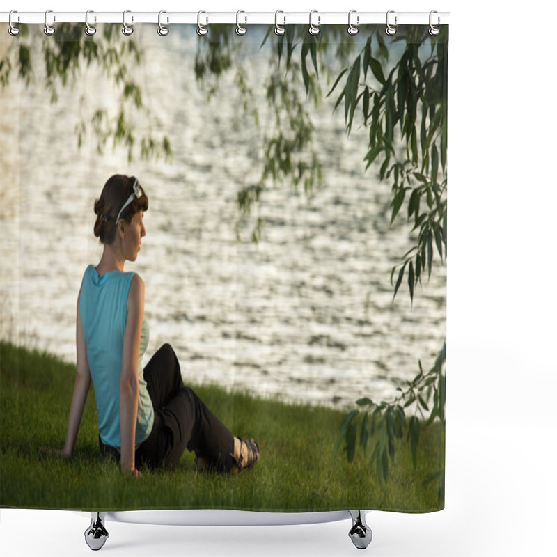 Personality  Young Woman Resting On The Riverside Shower Curtains