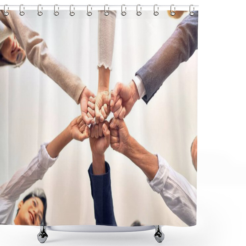 Personality  Group Of Business Workers Standing Bumping Fists At The Office Shower Curtains