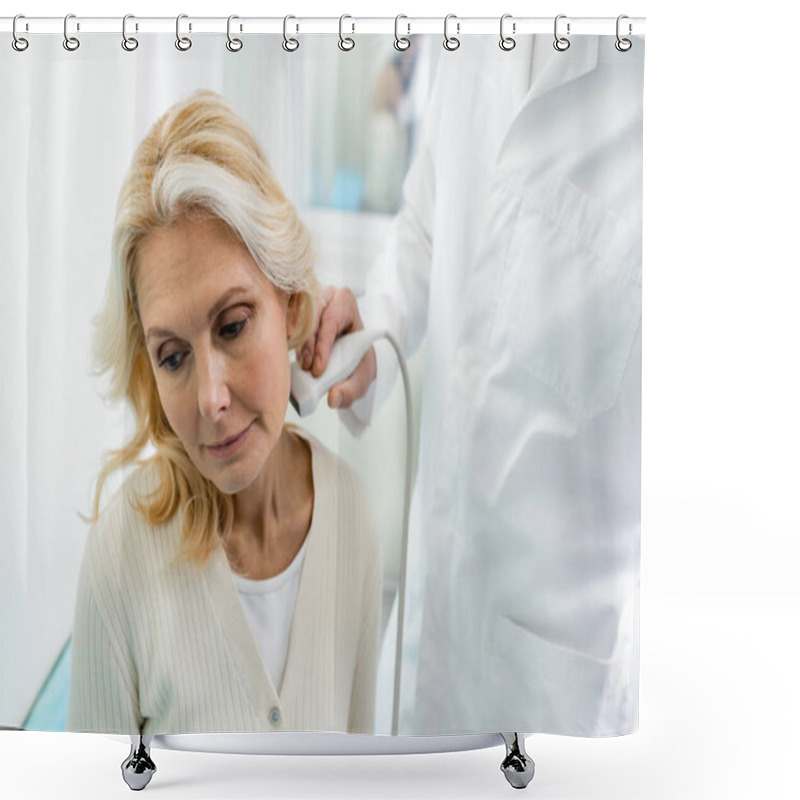 Personality  Physician Doing Ultrasound Of Lymph Nodes On Neck Of Middle Aged Woman Shower Curtains