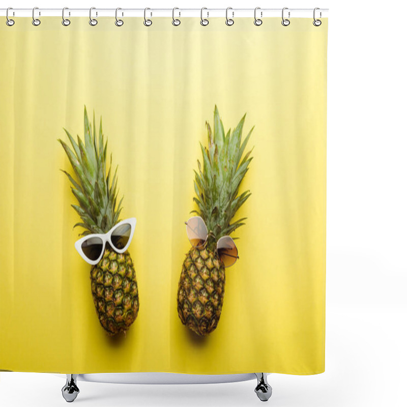 Personality  Top View Of Ripe Pineapples In Sunglasses On Yellow Background Shower Curtains