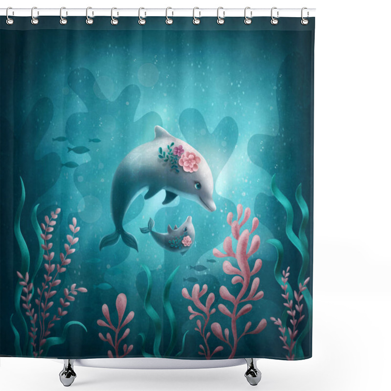 Personality  Illustration Of Mother And Baby Dolphin Shower Curtains