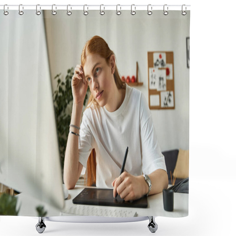 Personality  A Young Man Thoughtfully Illustrates On A Tablet In A Bright, Contemporary Office Setting. Shower Curtains