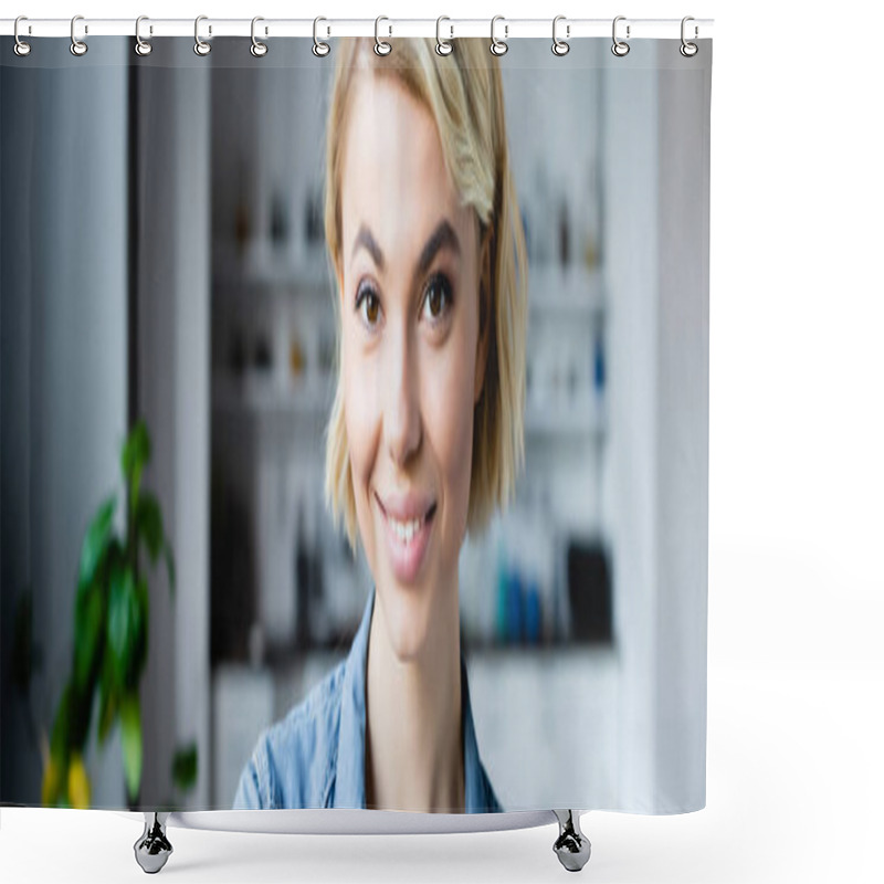 Personality  Young Blonde Woman Smiling, Horizontal Banner Shower Curtains