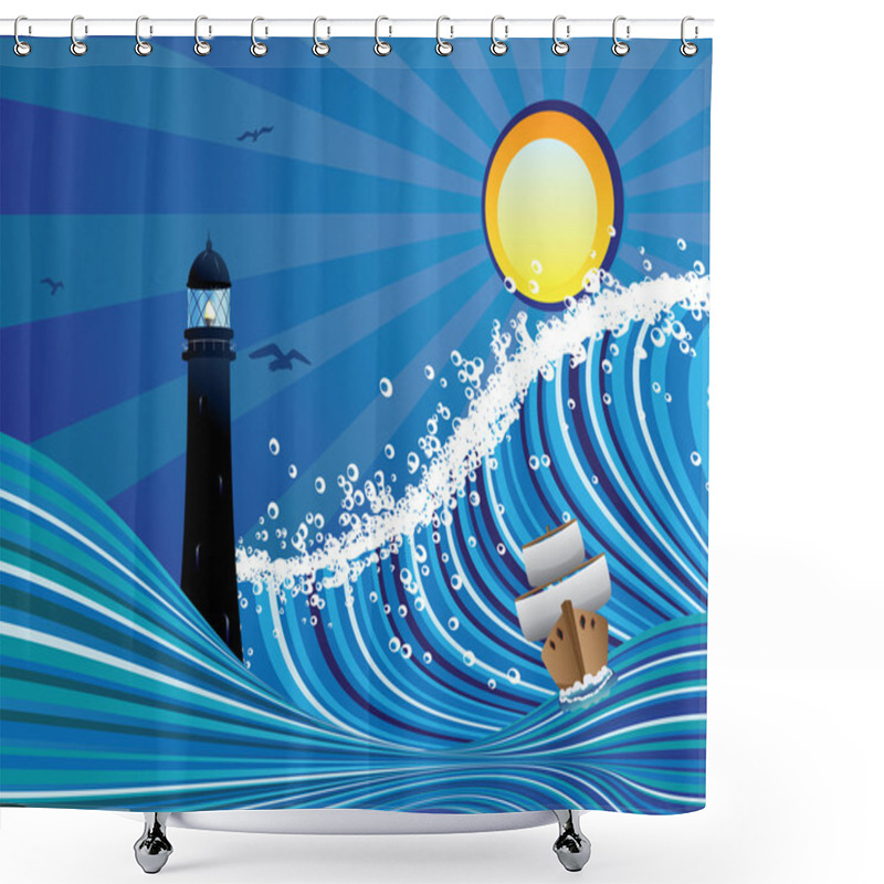 Personality  Lighthouse And Boat In The Sea Shower Curtains