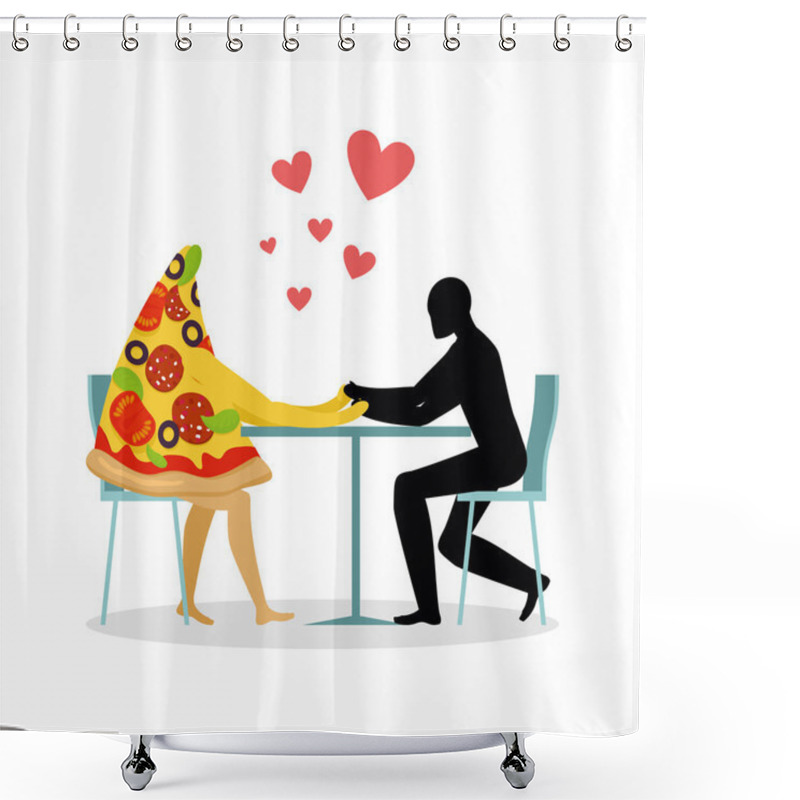 Personality  Lover Pizza In Cafe. Man And A Slice Of Pizza Sitting At Table.  Shower Curtains