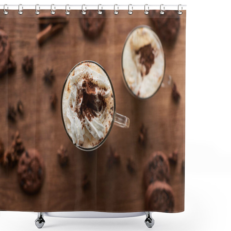 Personality  Selective Focus Of Christmas Cacao In Glass On Wooden Table With Anise, Cinnamon And Cookies Shower Curtains