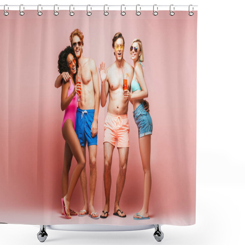 Personality  Shirtless Man Waving Hand While Looking At Camera Together With Multicultural Friends Holding Cocktails Isolated On Pink Shower Curtains