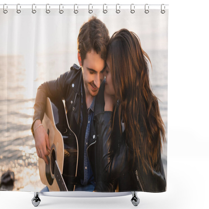 Personality  Woman Embracing Boyfriend Playing Acoustic Guitar Near Sea On Beach At Evening  Shower Curtains