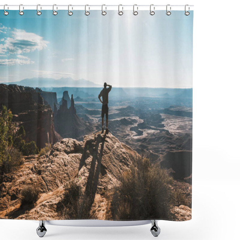 Personality  Young Man With Magnificent View Of Canyonlands, Utah, USA. Shower Curtains