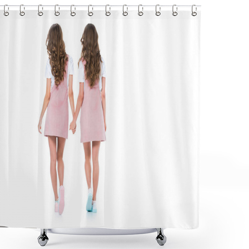 Personality  Rear View Of Young Twins Holding Hands Isolated On White Shower Curtains