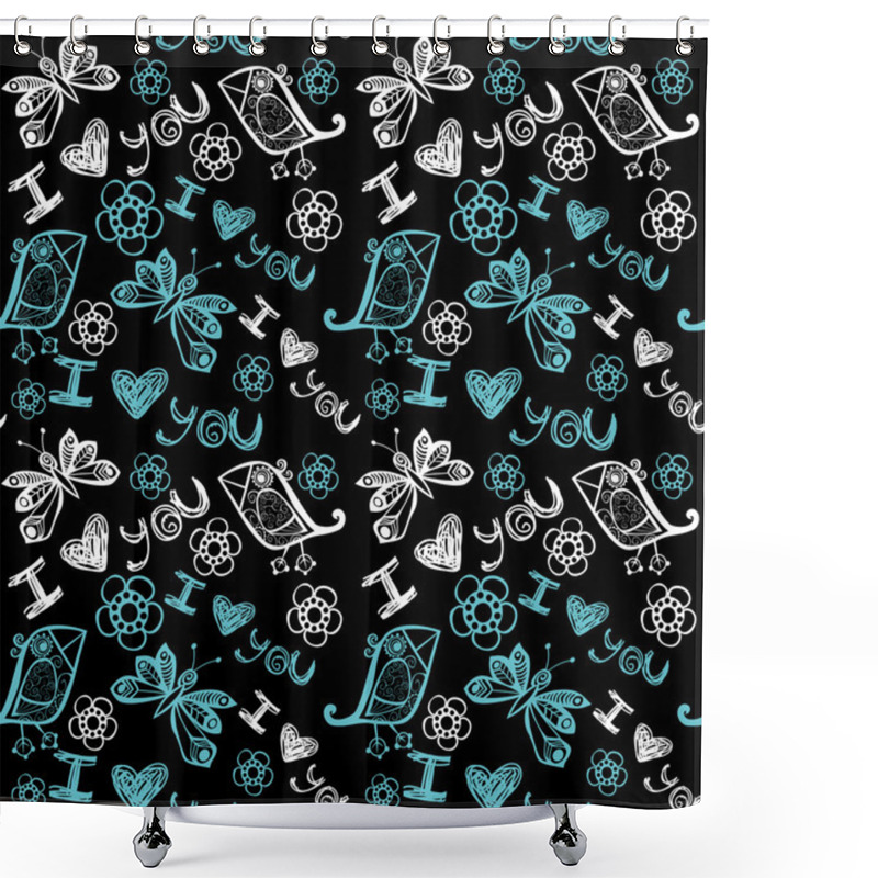 Personality  'I Love You' Seamless Pattern With Stylized Bird, Butterfly And Flower Shower Curtains