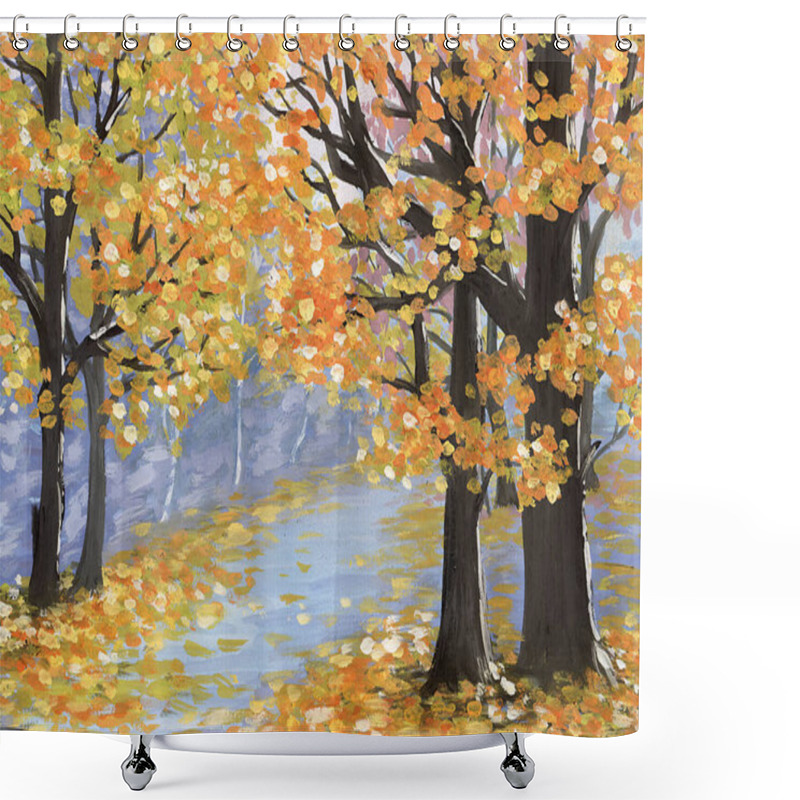 Personality  Gouache Autumn Landscape. Golden Fall In An Empty City Park With Wet Paths And Fallen Leaves Shower Curtains