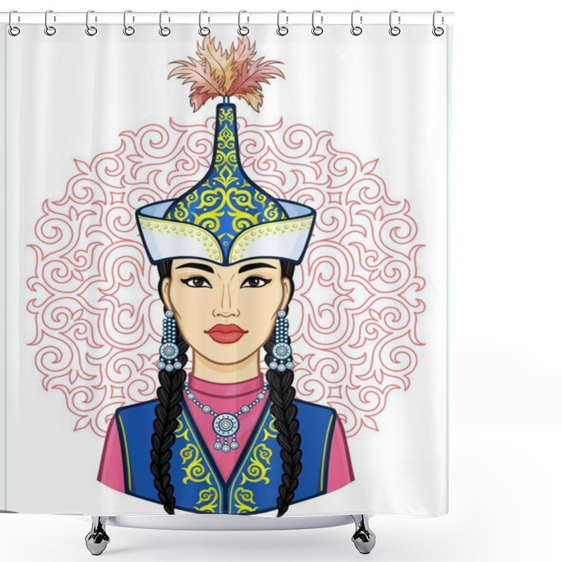 Personality  Asian Beauty. Animation Portrait Of A Beautiful Girl In Ancient National Cap And Jewelry. Red Ethnic Pattern. Central Asia. Vector Illustration Isolated. Print, Poster, T-shirt, Card. Shower Curtains