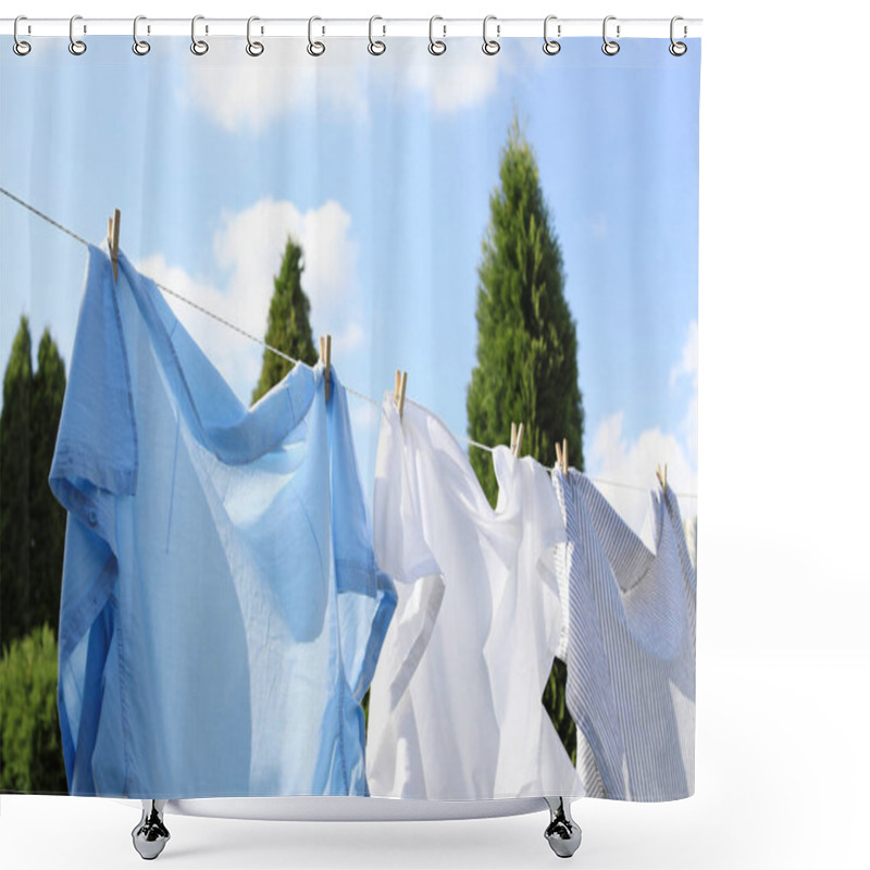 Personality  Clean Clothes Hanging On Washing Line Outdoors. Drying Laundry Shower Curtains