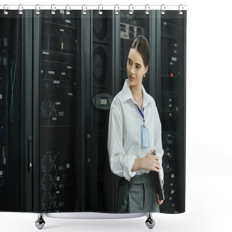 Personality  A Professional Woman In A White Shirt Monitors Server Systems In A Modern Tech Facility. Shower Curtains