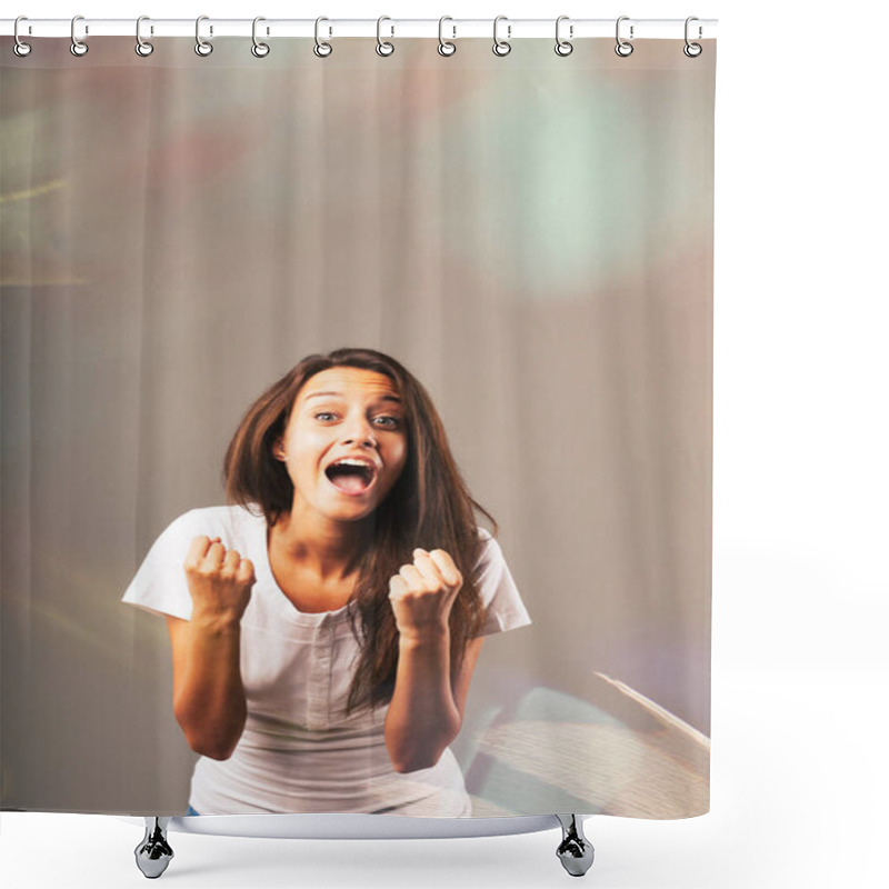 Personality  Yes! Hooray! How Joyful! Expressions And Gestures Of Exultation And Satisfaction For The Joy Of Success And Victory Displayed By A Long-haired Woman In A White Shirt. Colored Lights And Glows Reinforc Shower Curtains