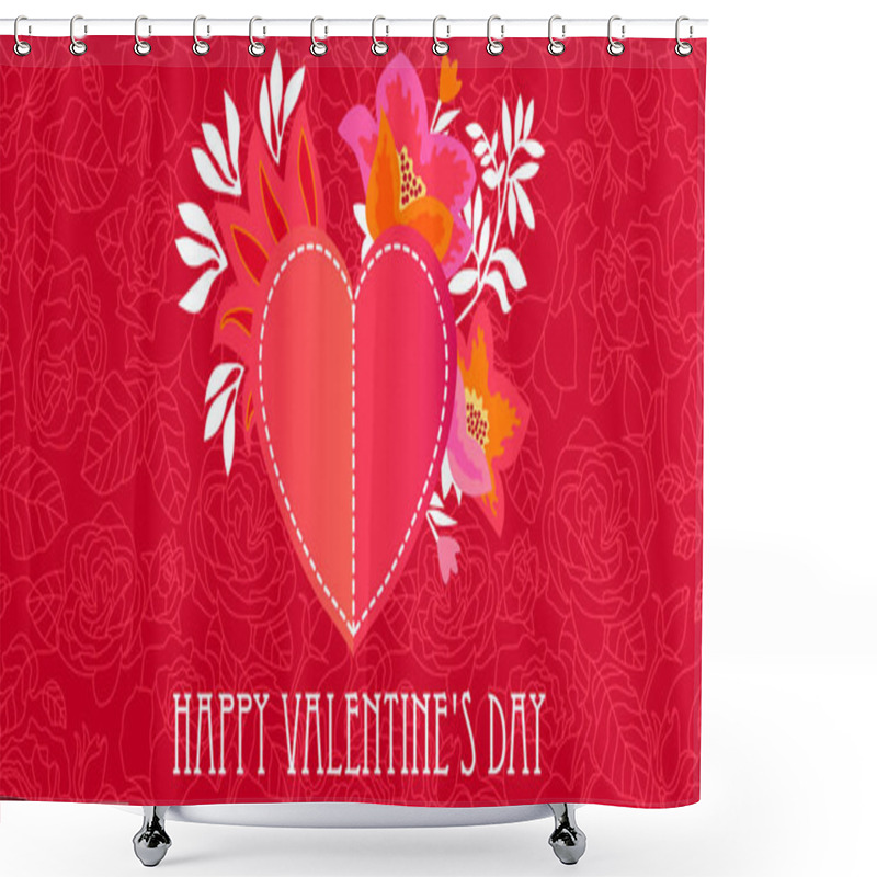 Personality  Happy Valentine's Day Card. Red Heart On The Floral Background With Blooming Roses.  Shower Curtains