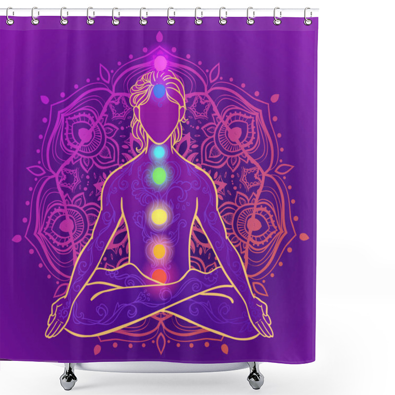 Personality  Yoga Man. Ornament Beautiful Concept Of Meditation. Geometric Element Hand Drawn. Vector Illustration Shower Curtains