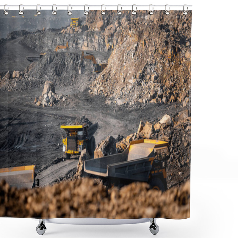 Personality  Open Pit Mine Industry. Big Yellow Mining Truck And Excavator For Coal Moving On Road Career Shower Curtains