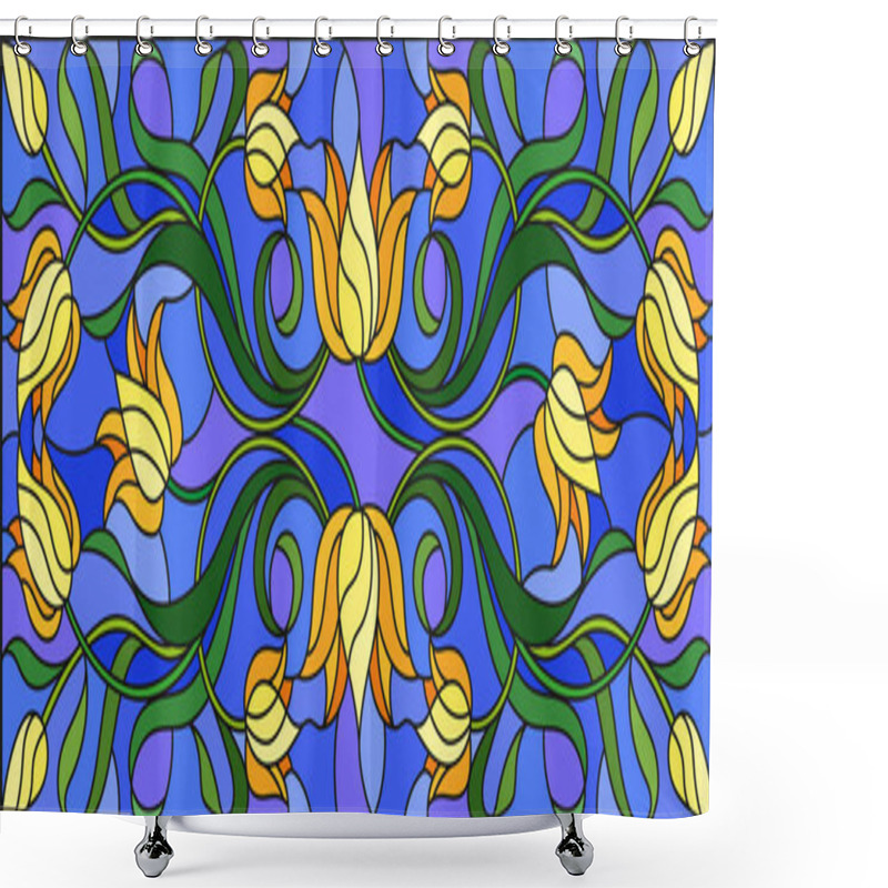 Personality  Illustration In Stained Glass Style With Flowers, Leaves And Buds Of Yellow Tulips On A Blue Background, Symmetrical Image, Horizontal Orientation Shower Curtains