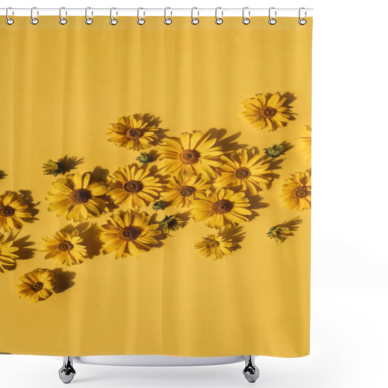 Personality  Flat Lay Yellow Daisy Flower Buds On Yellow Background. Top View. Shower Curtains