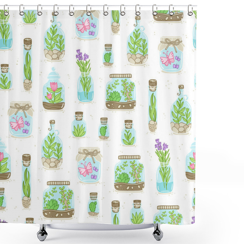 Personality  Terrariums On White Background Seamless Pattern Shower Curtains