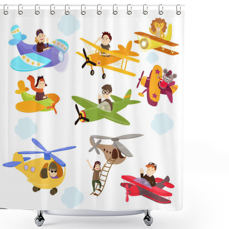 Personality  Set Of Funny Cartoon Planes With Cute Pilots. Shower Curtains