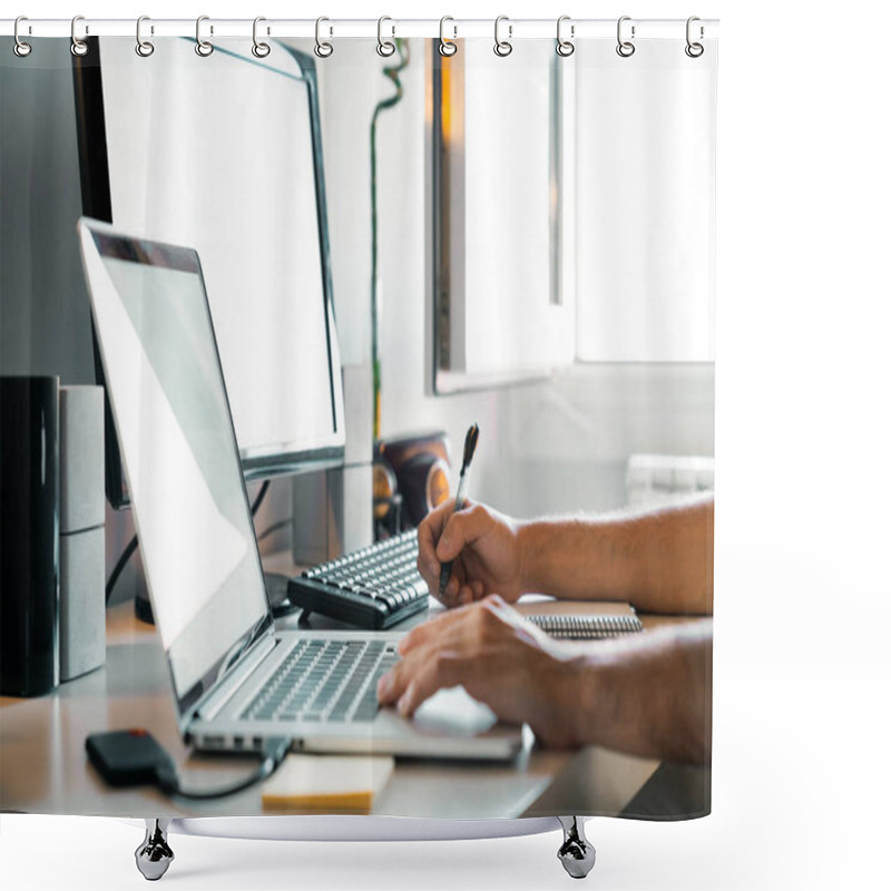 Personality  Person Working From Home At Their Desk With Computers Shower Curtains