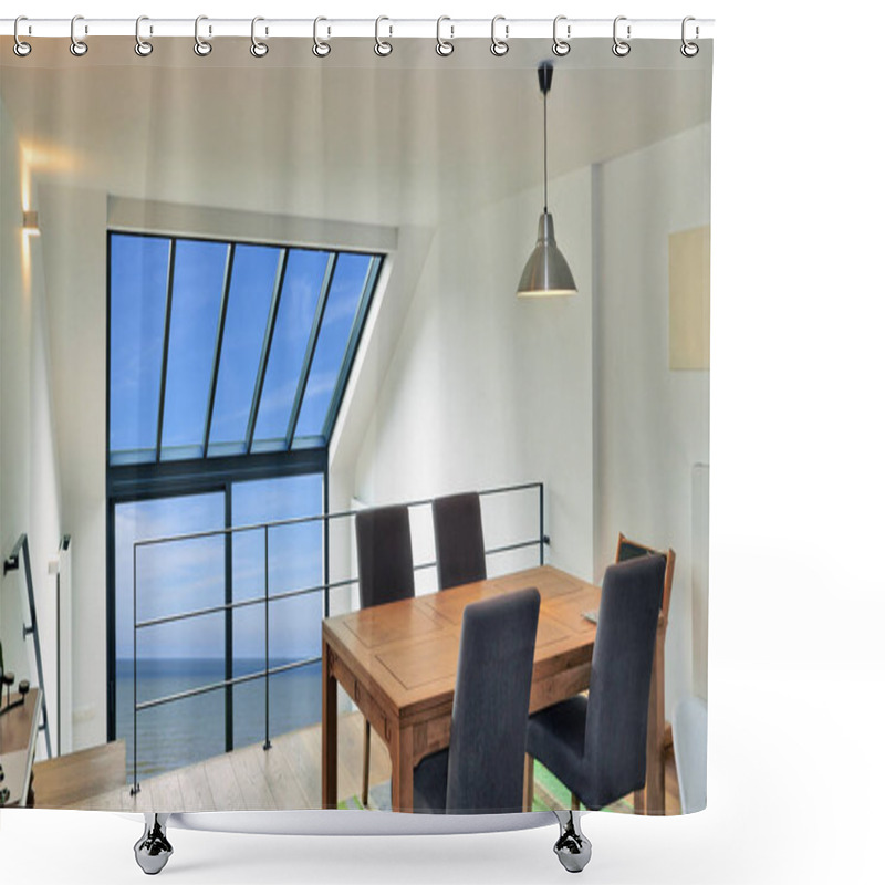 Personality  Dining Table In Modern Duplex With Large Windows  Shower Curtains