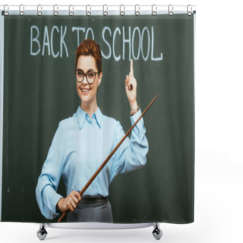 Personality  Smiling Teacher Holding Pointer And Pointing With Finger At Back To School Inscription On Chalkboard Shower Curtains