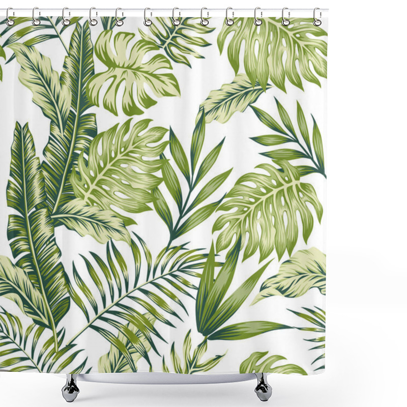 Personality  Pastel Green Tropical Jungle Leaves Palm Banana White Background Seamless Pattern Composition Shower Curtains