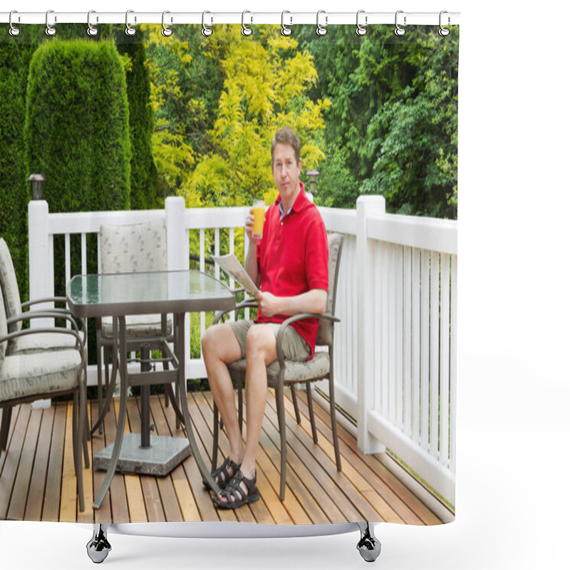 Personality  Mature Man Enjoying A Fresh Glass Of Juice While Outside On Pati Shower Curtains