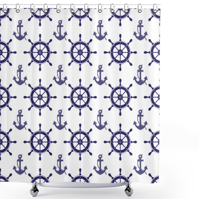 Personality  Nautical Wheel And Anchor Seamless Pattern Shower Curtains