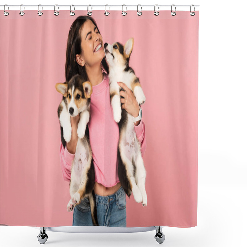 Personality  Smiling Girl Holding Welsh Corgi Puppies, Isolated On Pink Shower Curtains