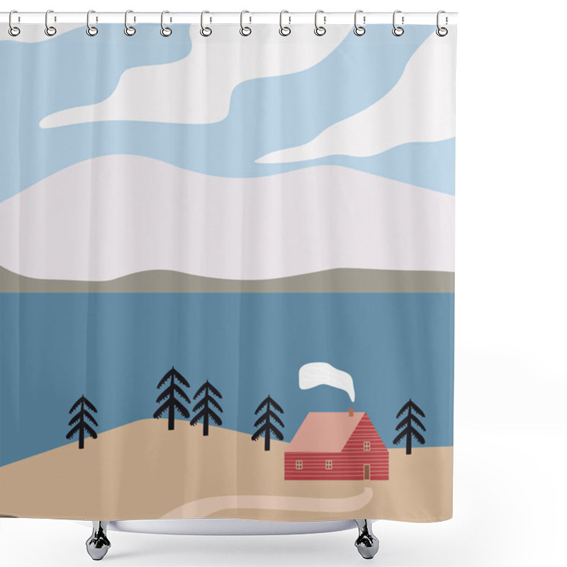 Personality  Scandinavian Landscape Red House, Sea, Winter, Mountains, Hills, Fjord, Pine Trees. Minimalist Nordic Nature Illustration, Vector Background Shower Curtains