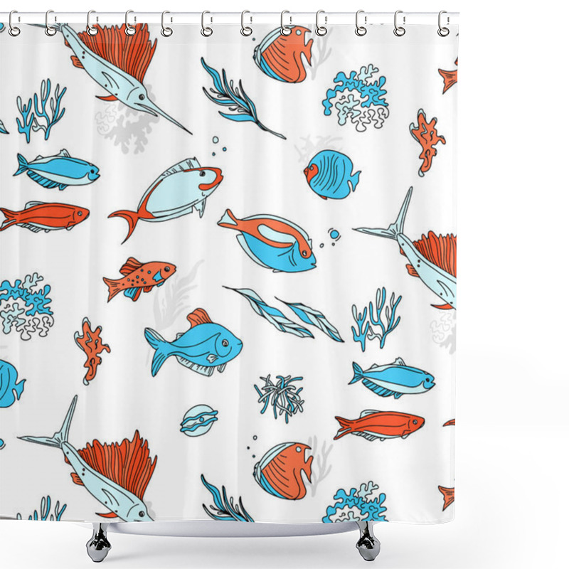 Personality  Ocean Animals Underwater Sketch. Monochrome Fish Line Art. Summer Tropical Food. Deep Water Illustration For Restaurant, Shop. Wrap, Cloth, Advertising Shower Curtains