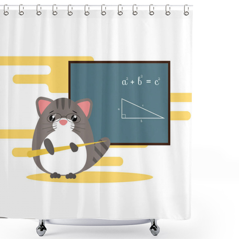 Personality  Anthropomorphic Gray  Cat - Teacher Standing With Board And Teaching Of Geometry Theorem. Cute Vector Illustration Shower Curtains