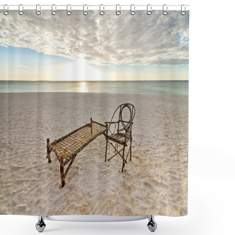 Personality  Old Bamboo Chair And Camp Bed On Sandy Beach Shower Curtains